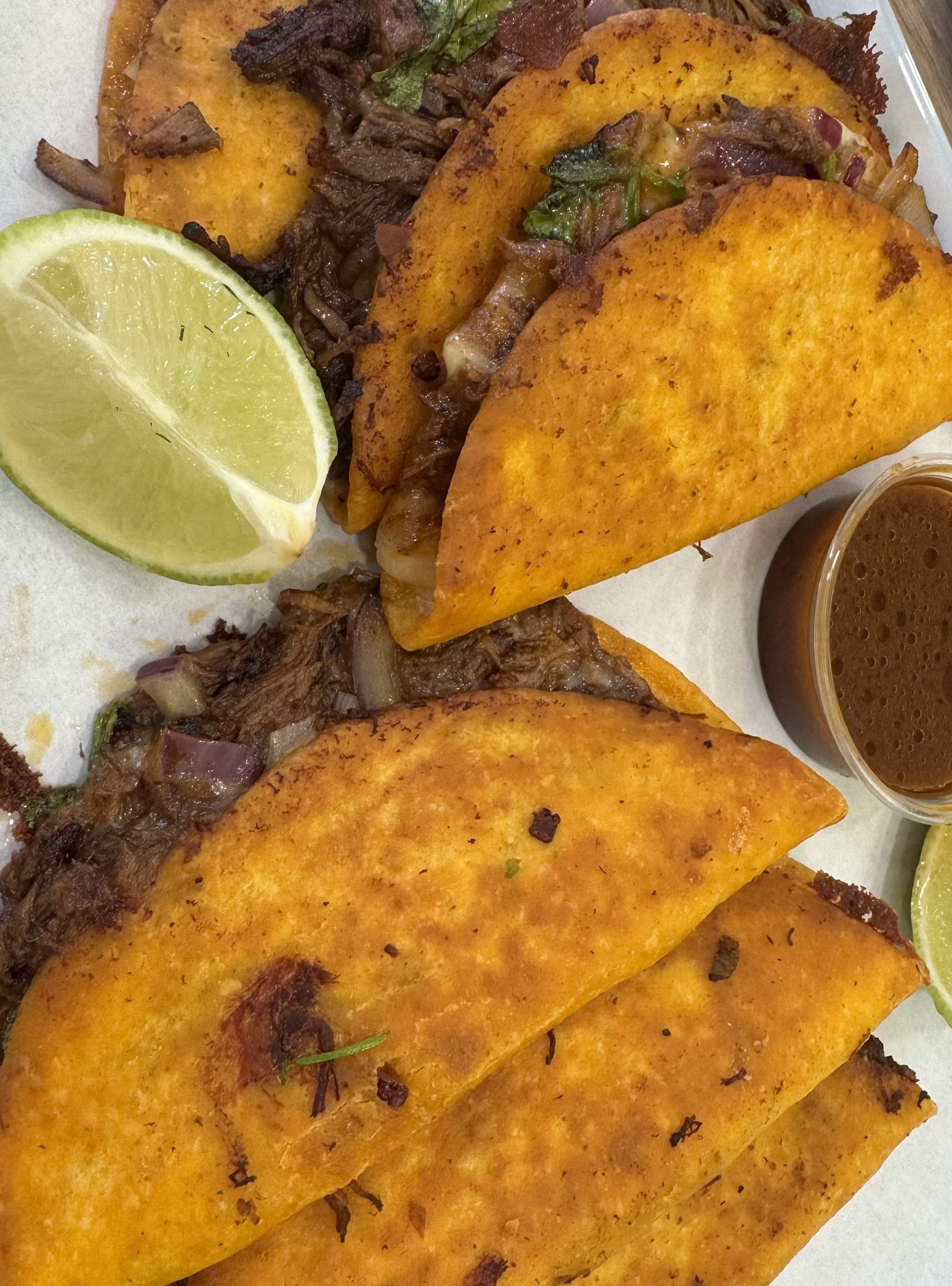 Birria Taco in der Nahaufnahme, knusprig angebraten, mit Limette